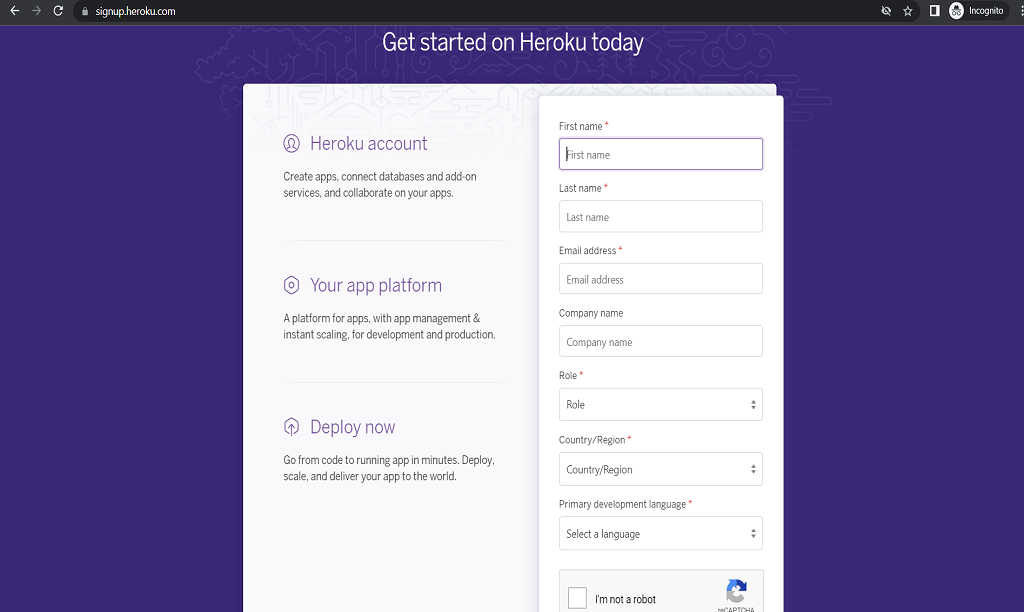 Heroku sign up