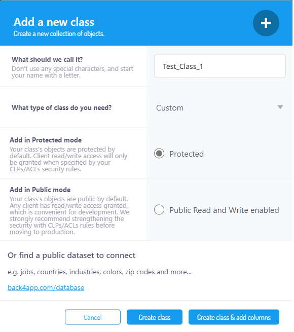 Create a class Back4app