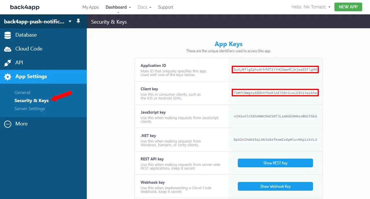 Back4app App Keys
