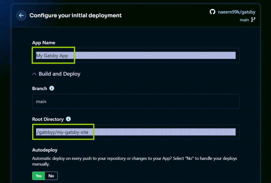 Containers Apps screen showing details for Finding and selecting gatsby repository 