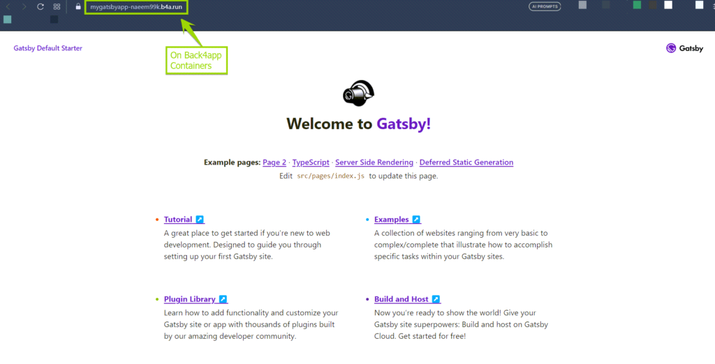 gatsby screen directing towards clicking link to open default homepage 