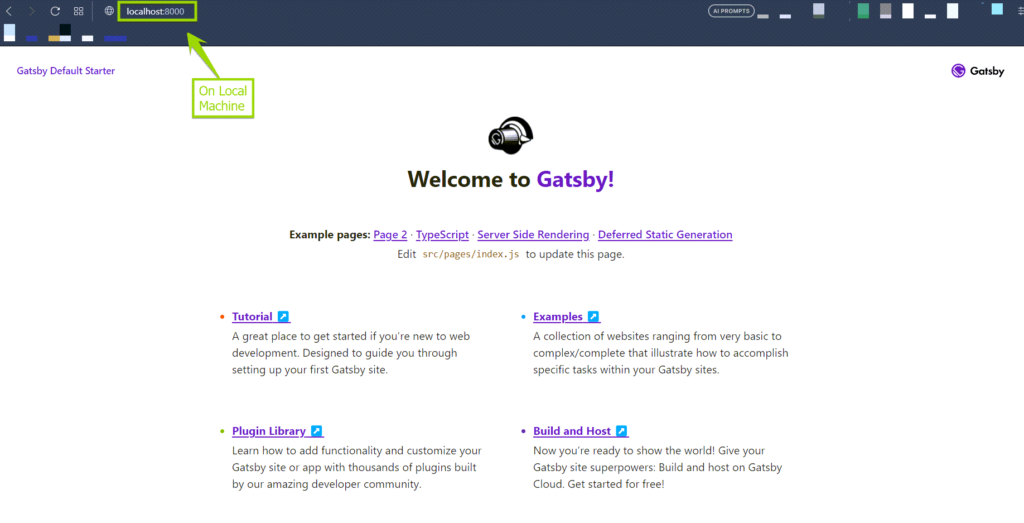 Gatsby screen directing user to click on localhost:8000 