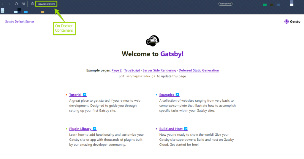 gatsby application screen directing user to click localhost:8000 