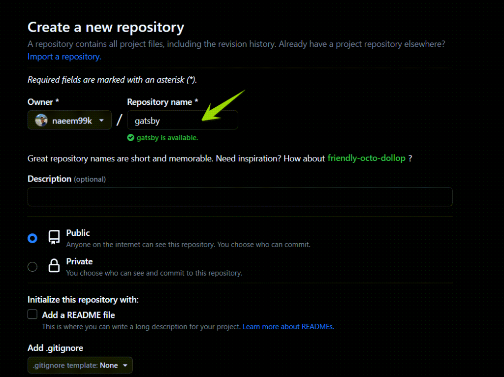 Github screen showing create a new repository page  