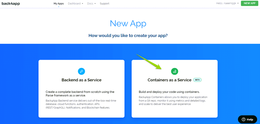 Back4app New App page displaying two options Backend as a Service and Containers as a Service enclosed in two boxes 