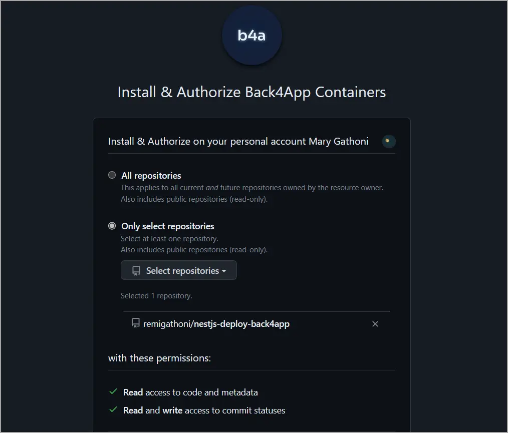 Screenshot showing the how to install and authorize Back4app containers