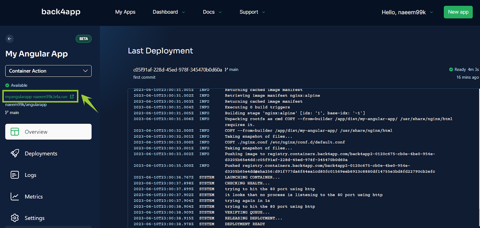 b4a-containers-angular-build-logs - Your Application's Backend, Simplified Back4app Containers build logs showing the Angular multi-stage Docker build copying the dist folder into Nginx