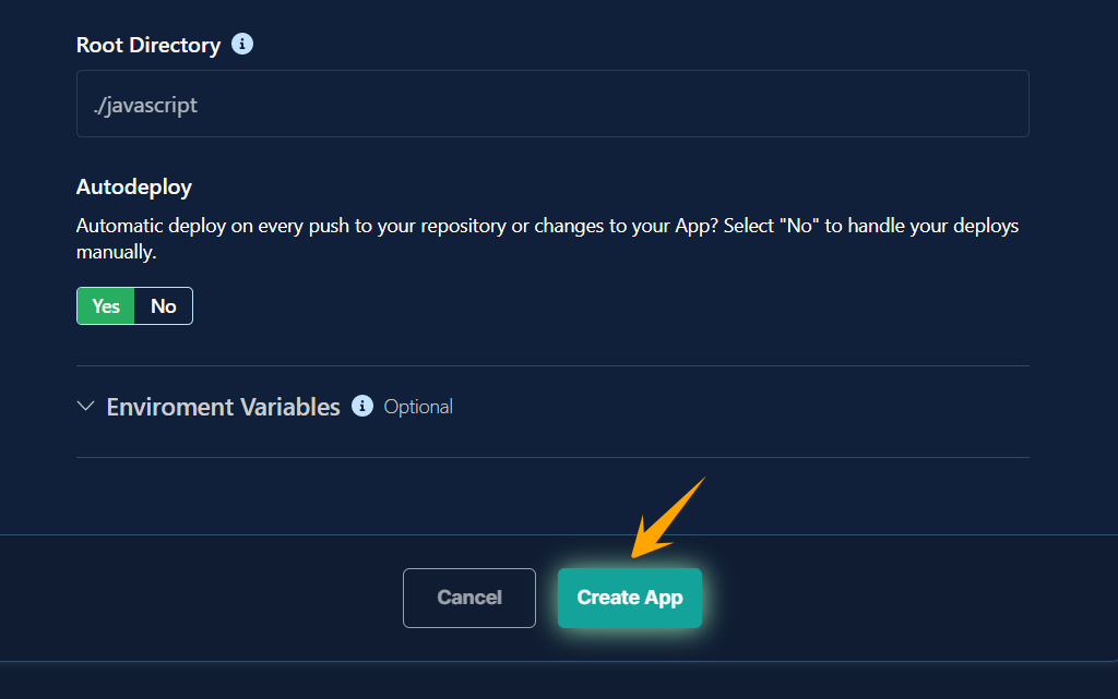 b4a-containers-app-configuration - Your Application's Backend, Simplified Back4app Containers configuration form showing root directory, autodeploy toggle, environment variables and the Create App button