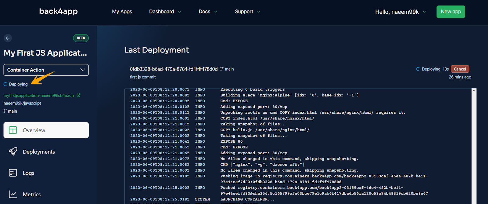 b4a-containers-deployment-logs - Your Application's Backend, Simplified Back4app Containers deployment in progress with real-time Docker build logs and the application URL