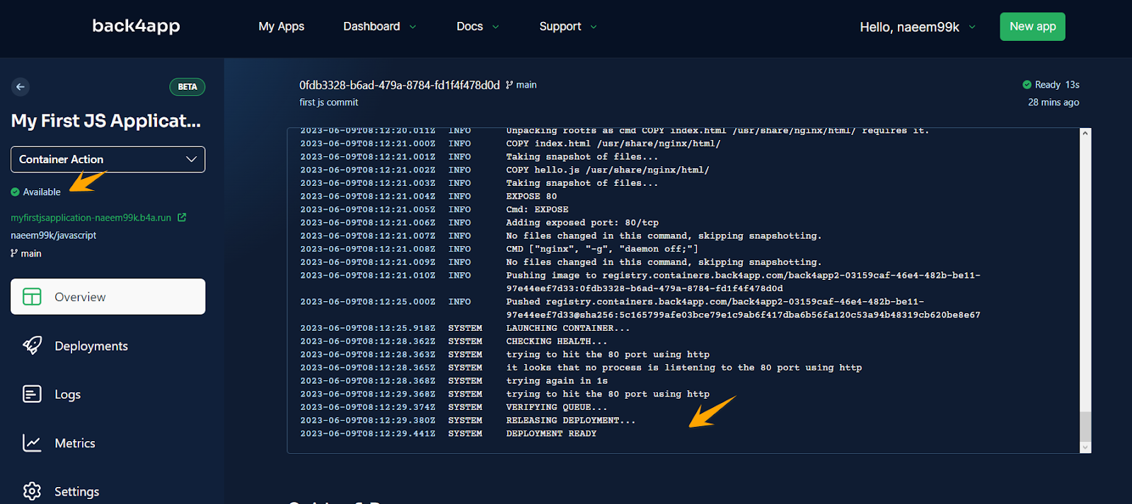 b4a-containers-deployment-ready - Your Application's Backend, Simplified Back4app Containers showing deployment status Available and DEPLOYMENT READY in the build logs