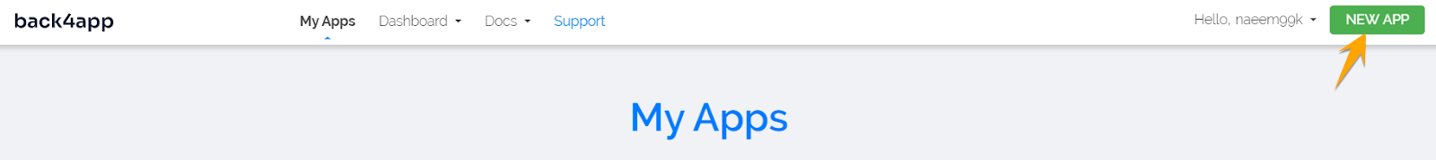 b4a-containers-new-app - Your Application's Backend, Simplified Back4app My Apps dashboard with the New App button used to start a container deployment