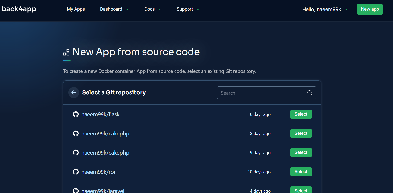 b4a-containers-select-git-repository - Your Application's Backend, Simplified Back4app Containers screen New App from source code listing GitHub repositories to select