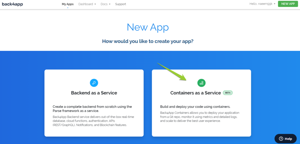 Backapp4 New App screen with options for choosing Backend as a Service or Containers as a Service 