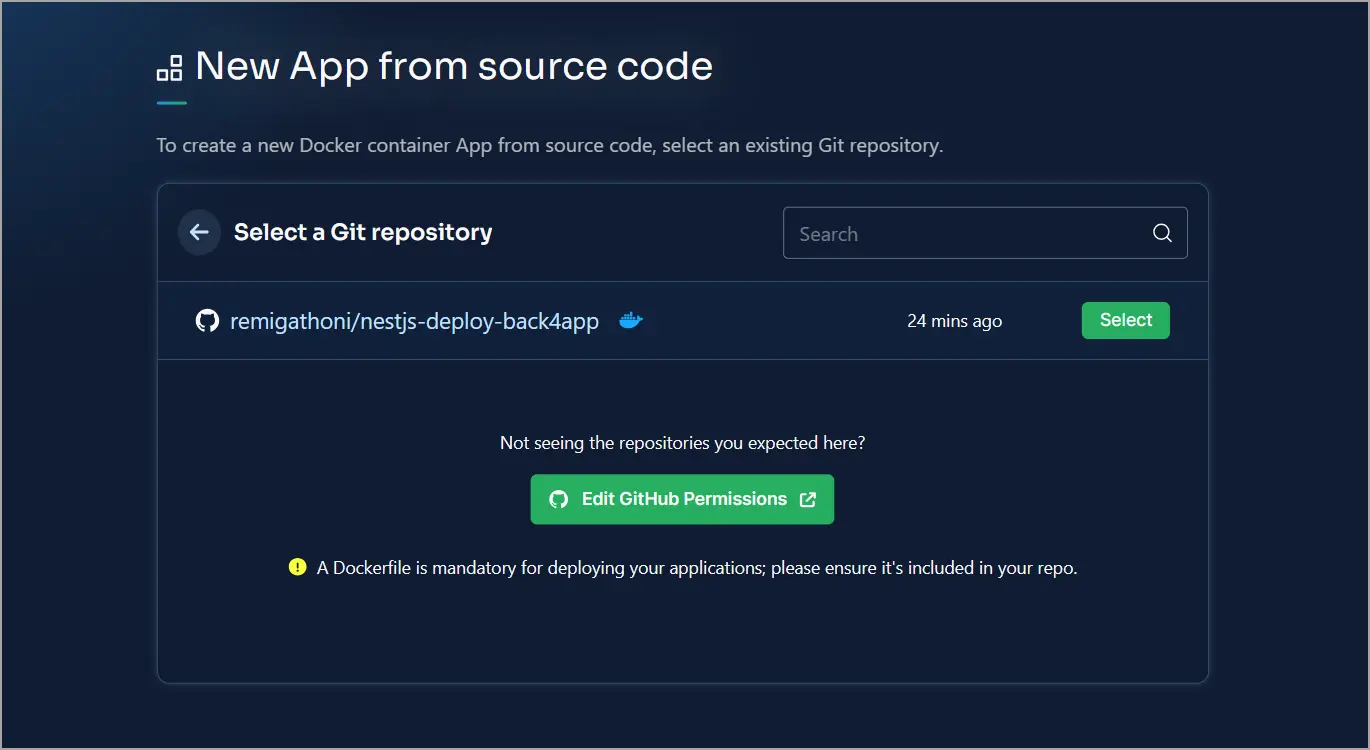 Screenshot showing how to select a GitHub repository to upload to Back4app