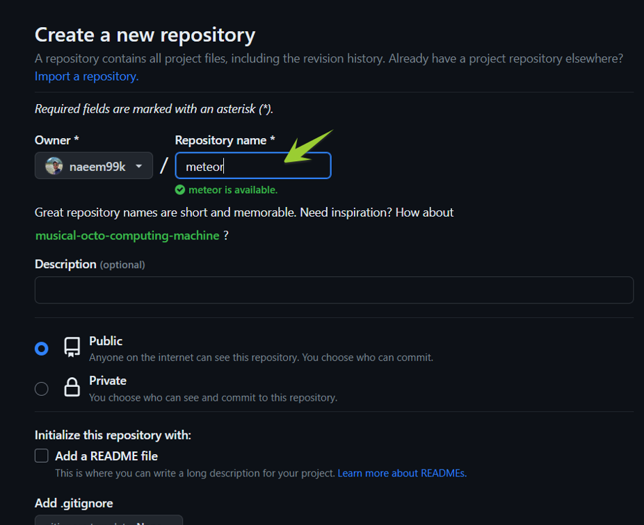 GitHub repository screen displaying details for creating a new repository. 