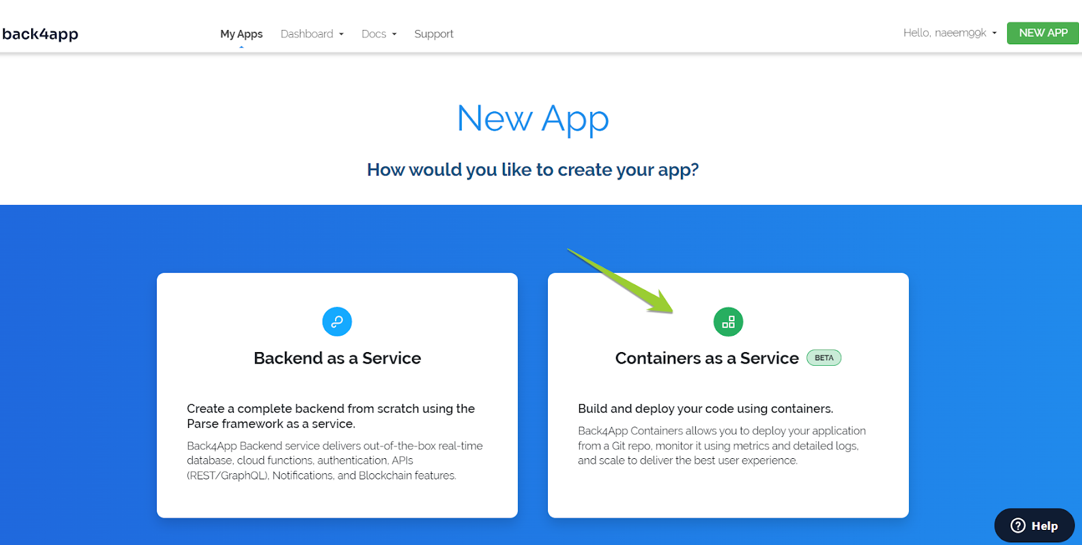 New App screen with Backend as a Service and Containers as a Service options 