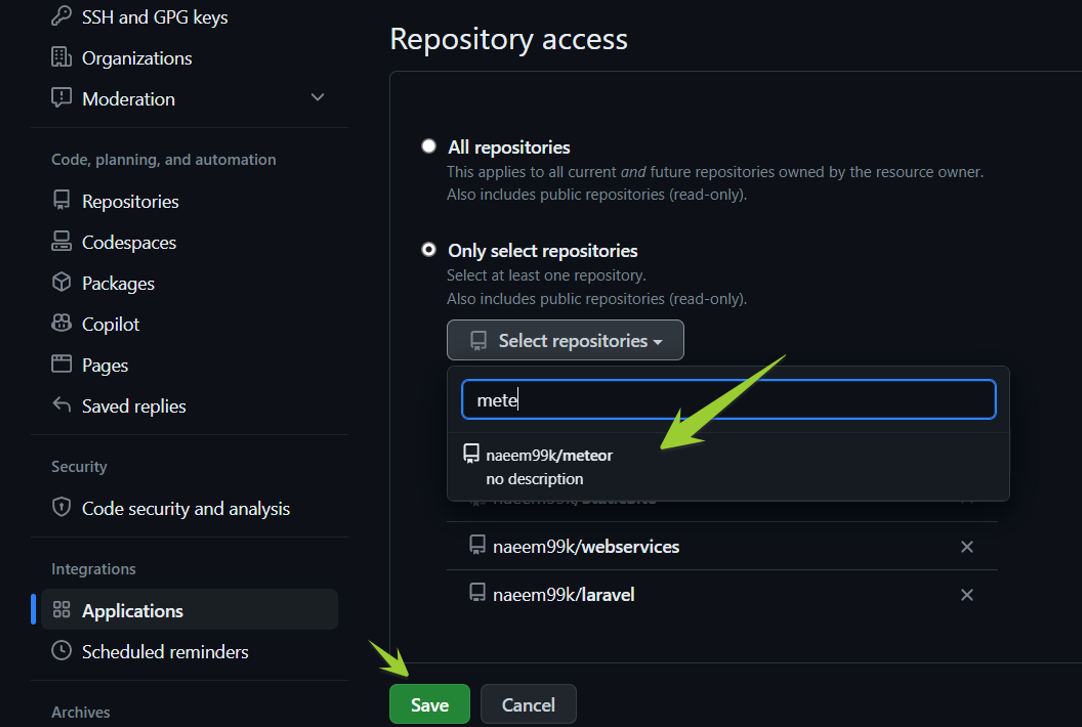 Back4app application Repository access screen 