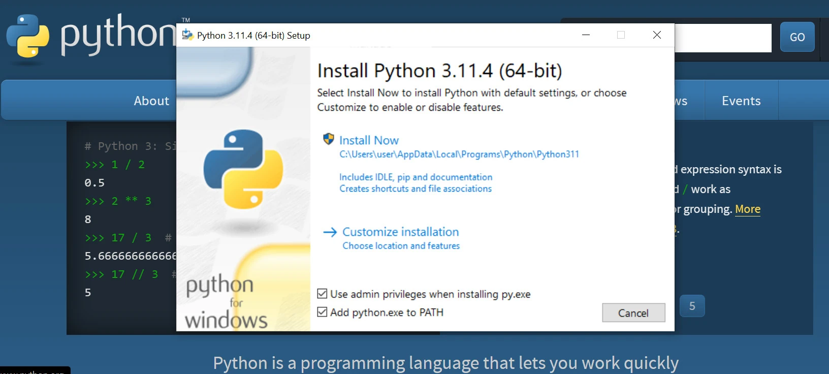 Python installation menu