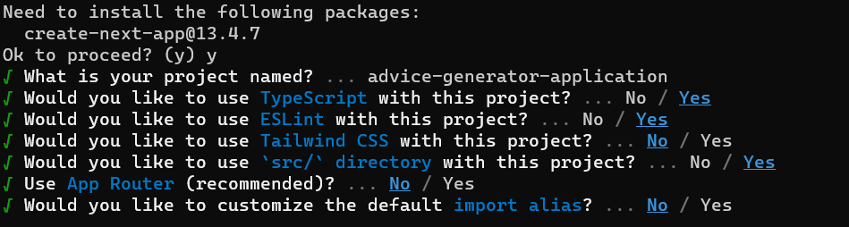 screenshot of next.js command line prompts 