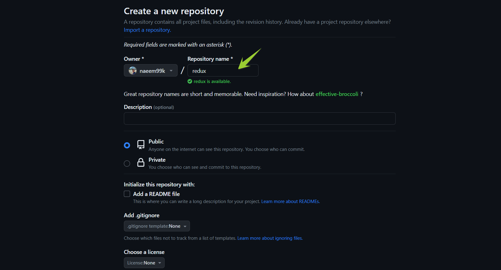 Create a new repository screen 