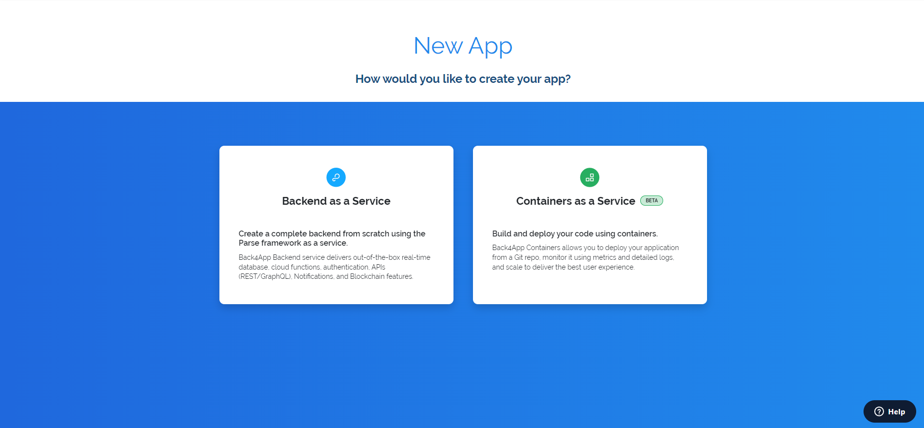 The back4app create new app  options types