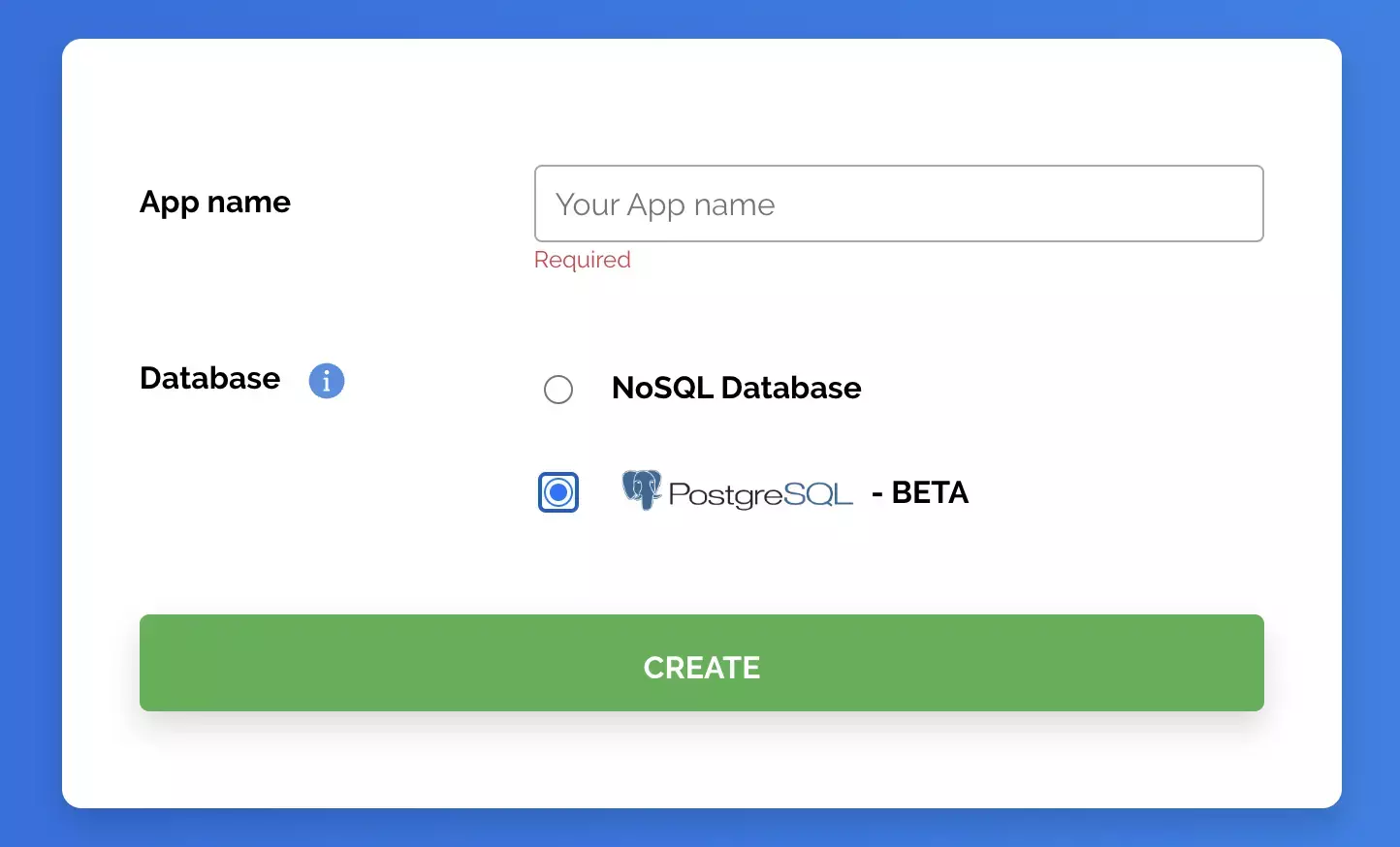 Create new app modal with app name and SQL database option