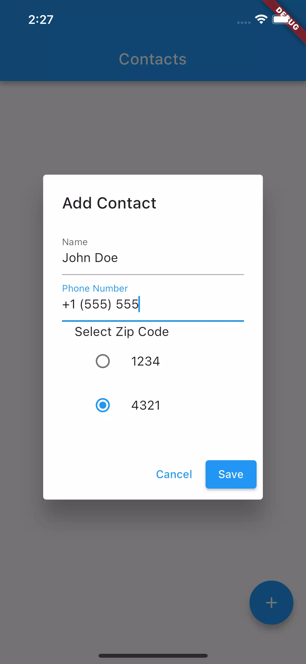 screenshot of the contacts app "add a contact" modal
