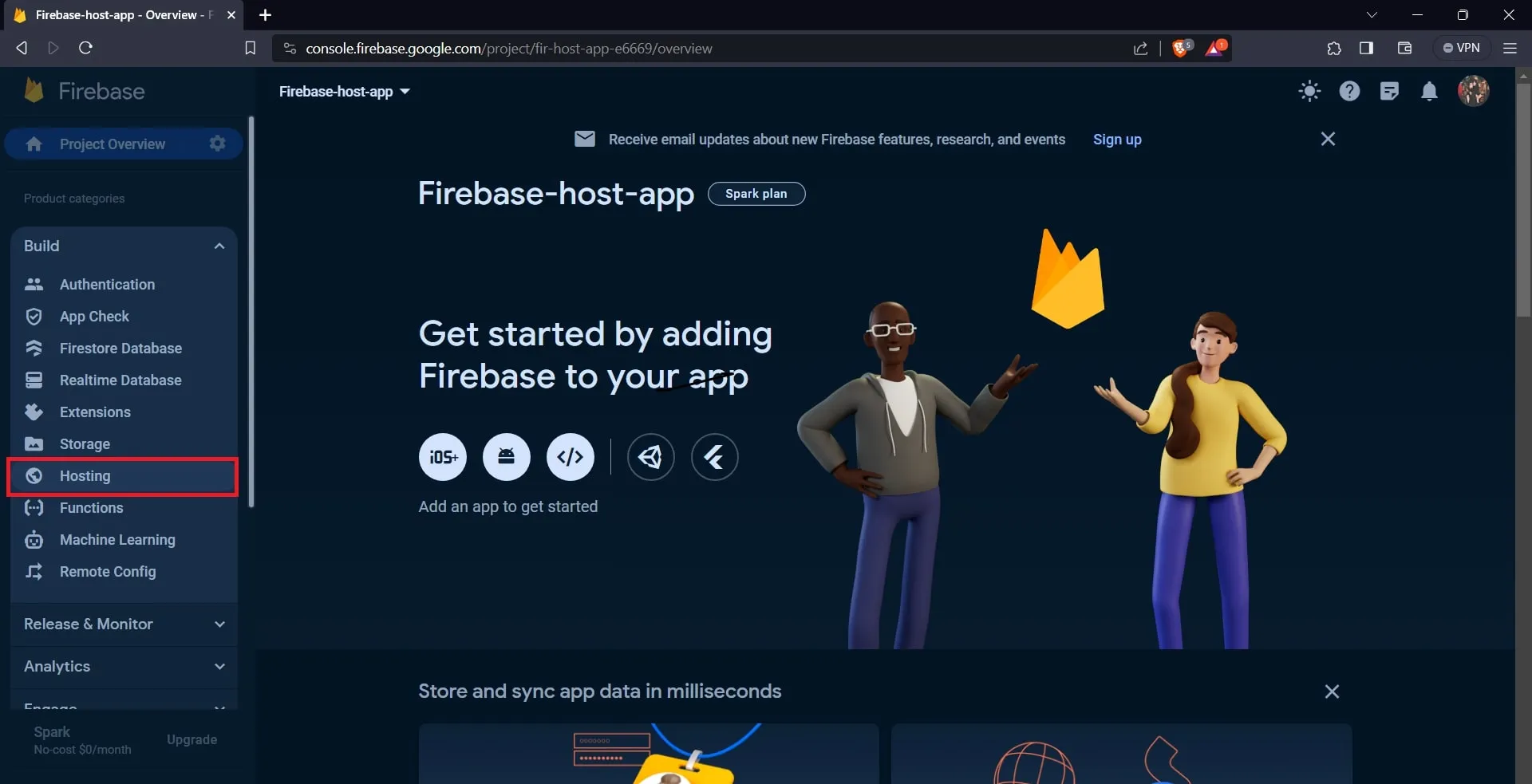 Firebase app dashboard