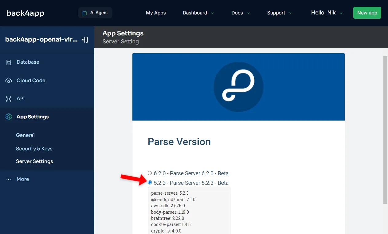 Back4app Parse Server Version