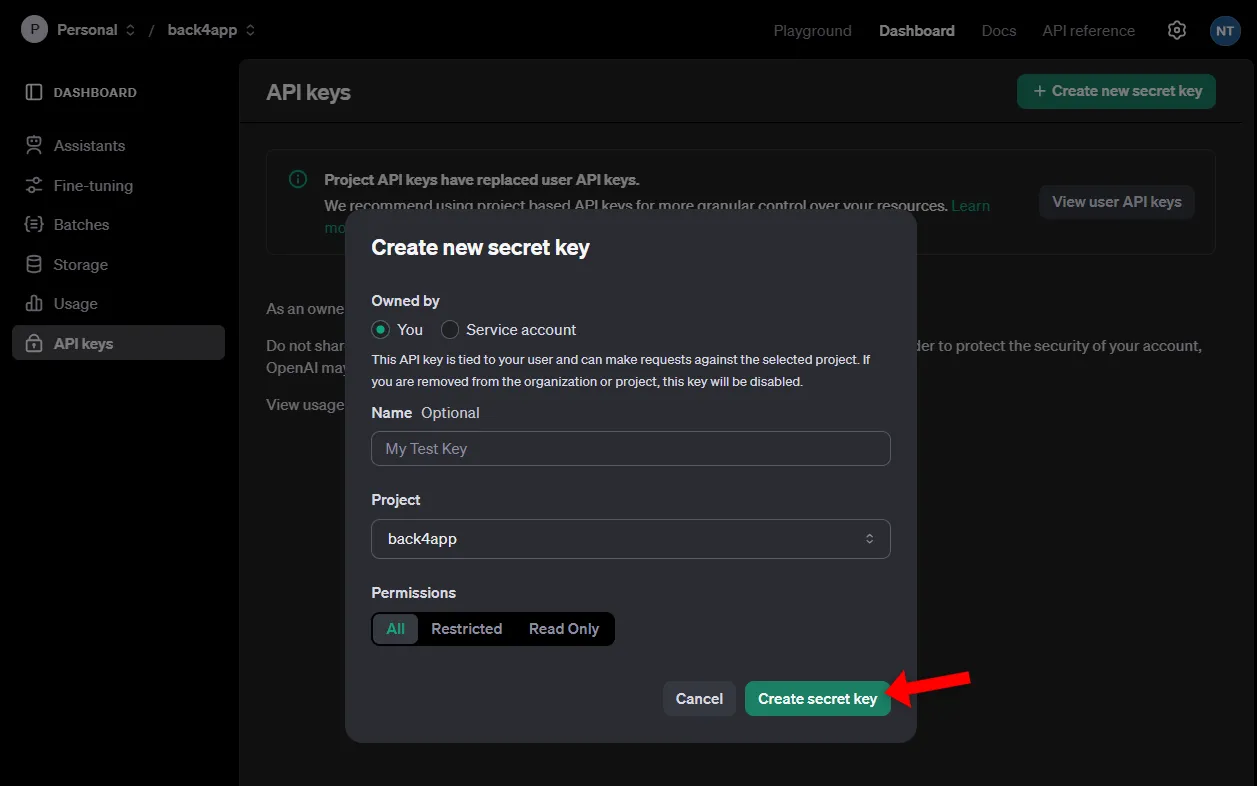 Back4app OpenAI API Key Settings