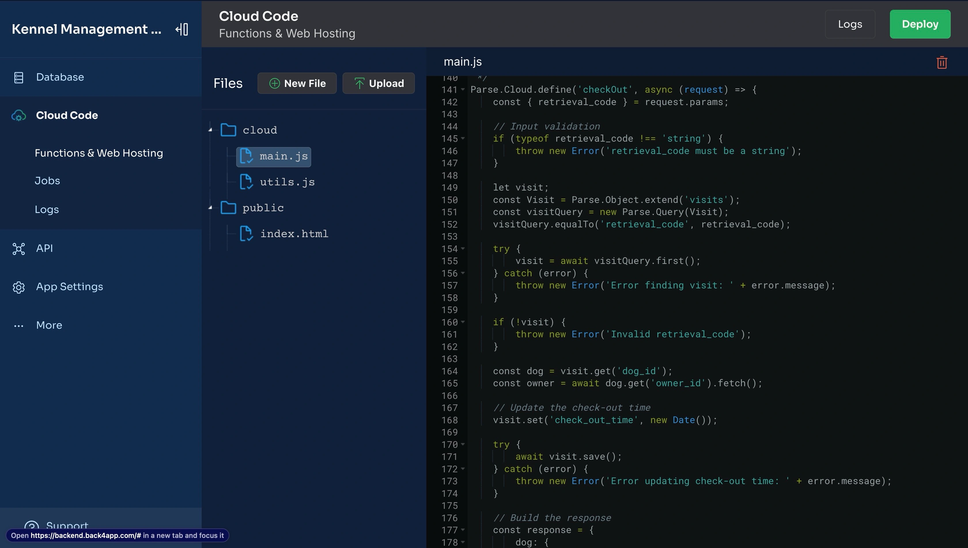 Back4app Cloud Code Dashboard showing the contents of the main.js file