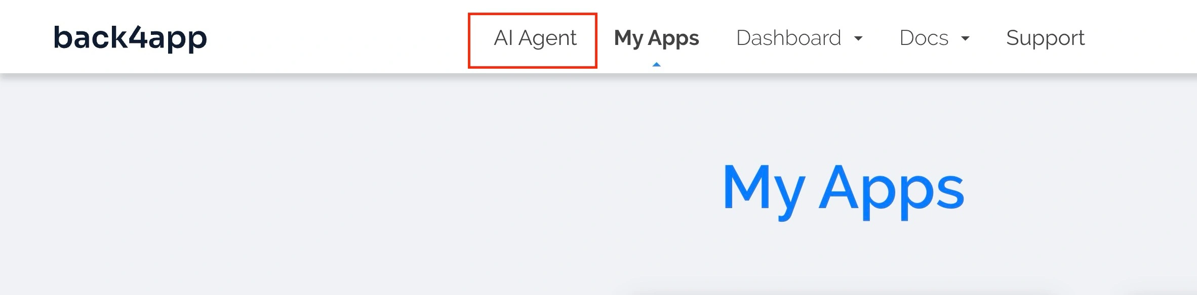 Back4app app dashboard navbar with the AI Agent link highlighted