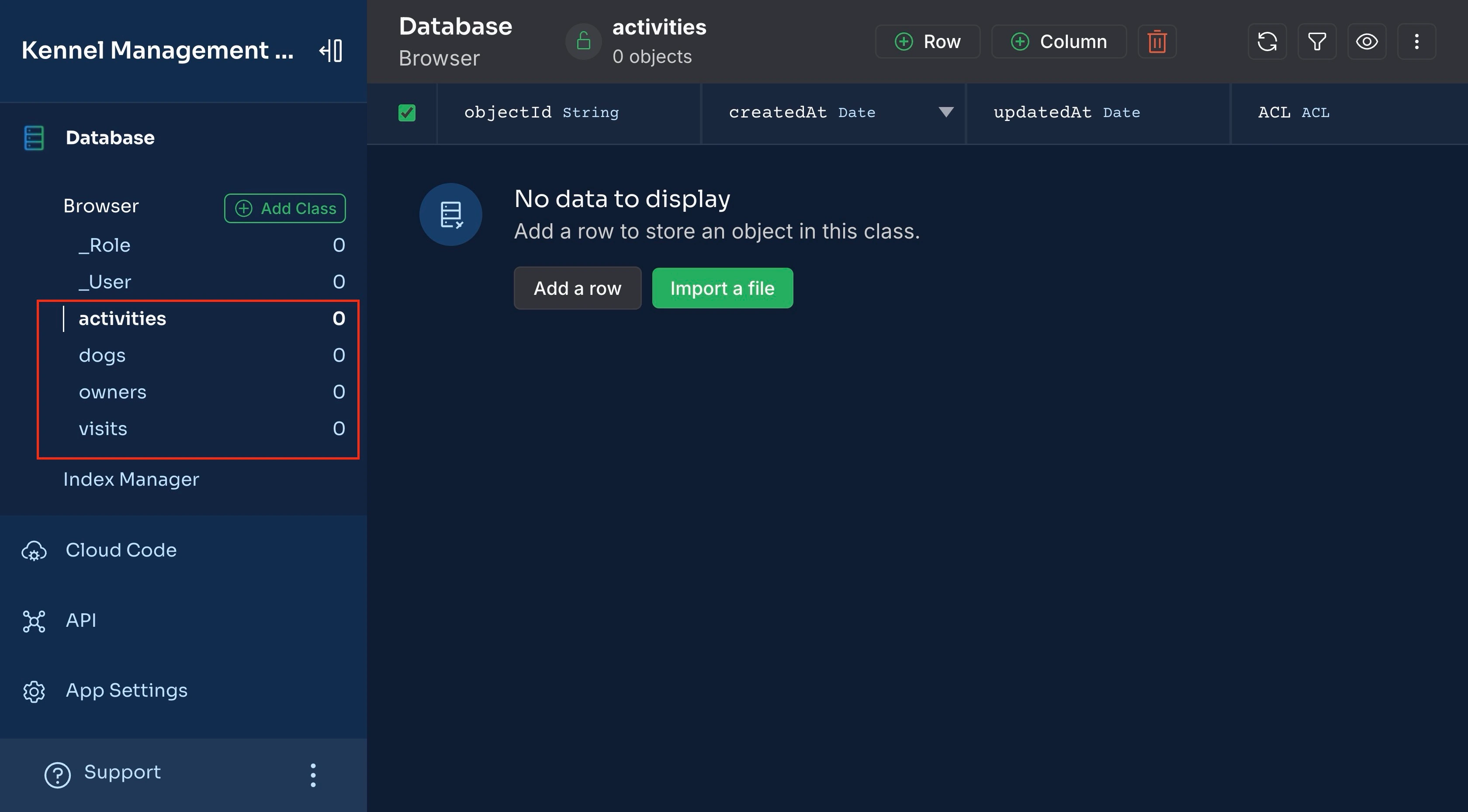 La dashboard di Back4app evidenzia le tabelle del database appena create.